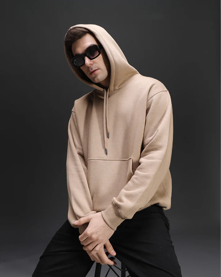 BEIGE OVERSIZED COTTON FLEECE HOODIE